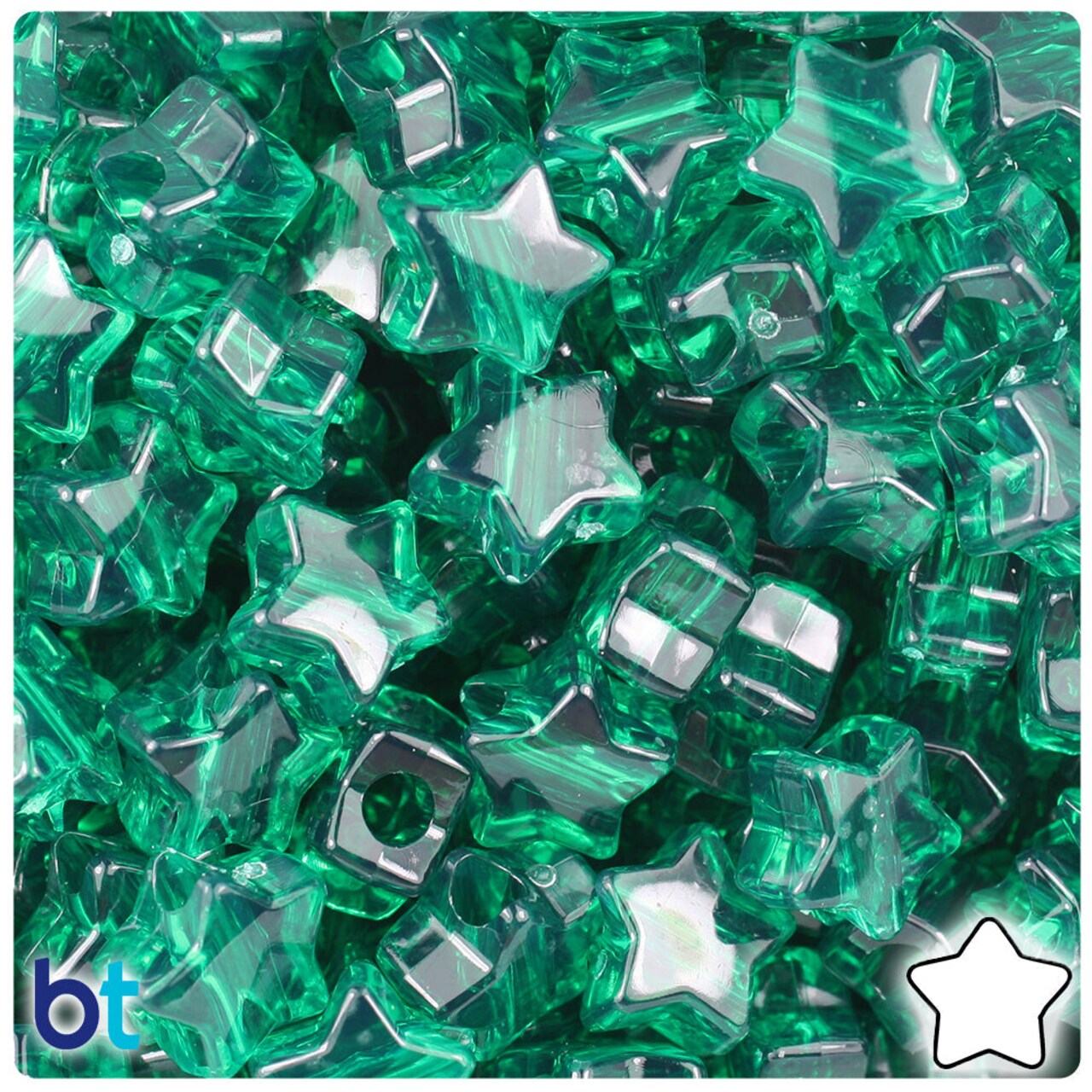 BeadTin Emerald Transparent 13mm Star Plastic Pony Beads (250pcs)
